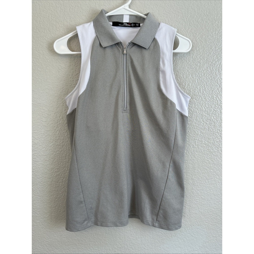 RLX Ralph Lauren Women Sleeveless Golf Polo Built In Bra Gray And White Medium